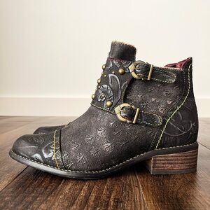 L'Artiste Spring Step Nailhead Buckle Bootie Patchwork Studded Jacquard Size 38